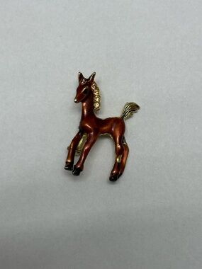 Vintage Brown Enamel Horse Brooch - Gold Accents